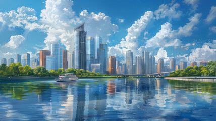 Modern cityscape with reflective waterfront - obrazy, fototapety, plakaty