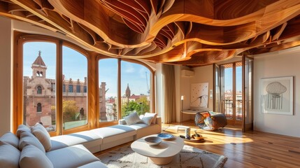 contemporary apartment interior, with gaudi inspired elements, wooden ceiling, histroic barcelona outside the window   - obrazy, fototapety, plakaty