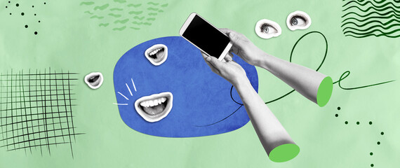 Person using a smartphone with eyes and mouth