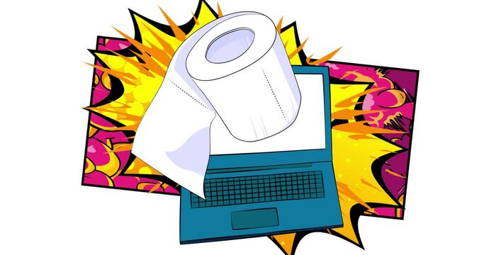 Cartoon Laptop Toilet Paper, animated comic book Notebook Hygiene Accessory. Retro comics animation, pop art video.