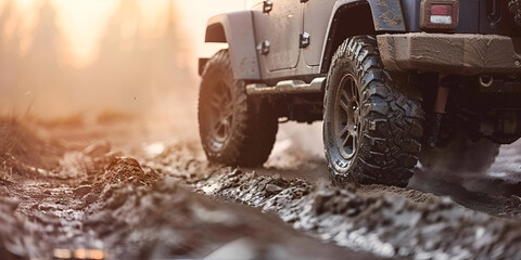 off road vehicle,A thrilling scene showcasing a 4x4 vehicle navigating through the extreme terrain, with mud and dirt flying as it conquers the challenging road.
 - obrazy, fototapety, plakaty