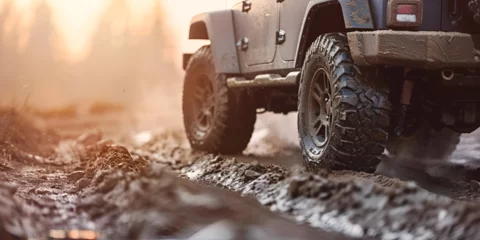 Foto op Plexiglas off road vehicle,A thrilling scene showcasing a 4x4 vehicle navigating through the extreme terrain, with mud and dirt flying as it conquers the challenging road.  © muhammadjunaidkharal