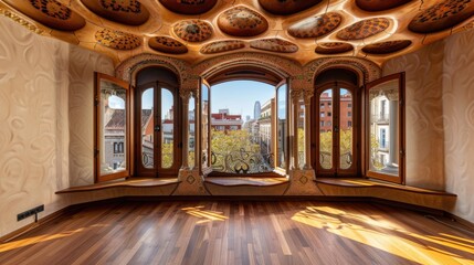 contemporary apartment interior, with gaudi inspired elements, wooden ceiling, histroic barcelona outside the window -  - obrazy, fototapety, plakaty