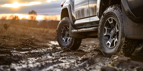 Off road trucks with tire protection stop on a gravel road with text space. silhouette concept