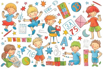 Cartoon cute doodles of children practicing their counting and math skills with colorful manipulatives, Generative AI