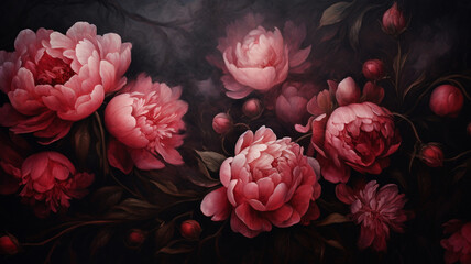 Gorgeous peony flowers on a dark-colored background