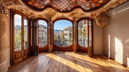 contemporary apartment interior, with gaudi inspired elements, wooden ceiling, histroic barcelona outside the window  