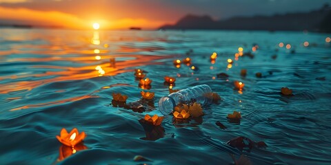 Garbage floating in illuminated ocean water due to plastic pollution crisis. Concept Ocean Pollution, Plastic Crisis, Environmental Impact, Waste Management, Marine Conservation