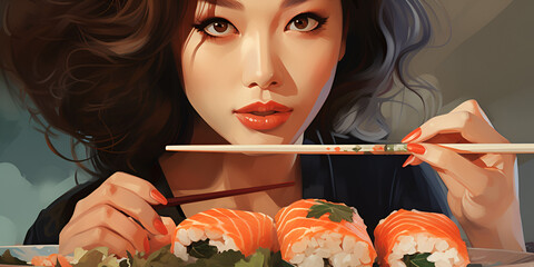 sushi with chopsticks,Woman, ramen and eating noodles in restaurant for nutrition, healthy meal and diet. Hungry lady, chopsticks and spaghetti for lunch, dinner and Japanese cuisine in cafeteria, din - obrazy, fototapety, plakaty