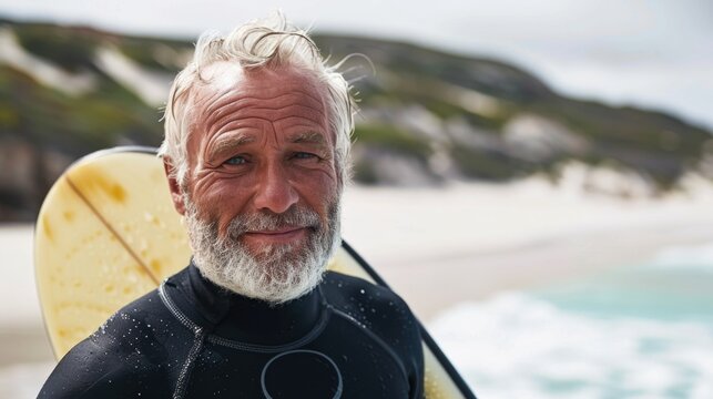 Elderly surfer with a bright smile and surfboard on a sandy beach, embodying the spirit of adventure and lifelong passion for the sport