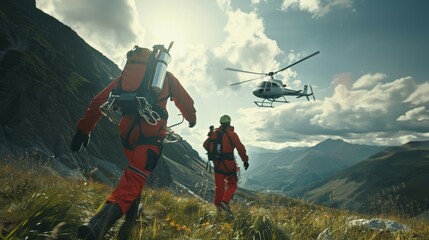 Two paramedics with safety harnesses and climbing equipment running to helicopter emergency medical service. Themes of rescue, help and hope. - obrazy, fototapety, plakaty