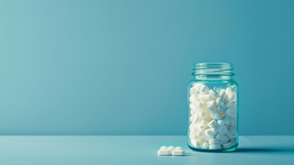 White pills from plastic medicine bottle on blue background with copy space. Medicine and health concept. - 746932133