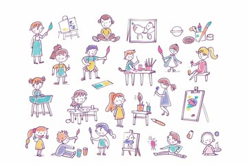 Fototapeta premium Cartoon cute doodles of children painting and creating art projects during arts and crafts time in kindergarten, Generative AI