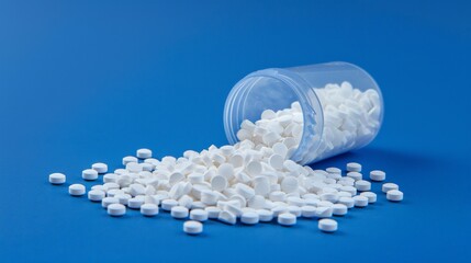 White pills from plastic medicine bottle on blue background with copy space. Medicine and health concept.