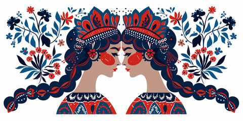 Fototapeta premium A flat vector illustration of a slavic woman in kokoshnik. Russian woman wearing a national headpiece. Slavic patterns and character.