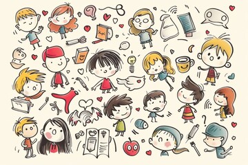 Fototapeta premium Cartoon cute doodles of children expressing their creativity and imagination through storytelling and role-playing, Generative AI