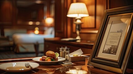 Fototapeta na wymiar MidjourneyA high-quality photo of a luxury hotel room desk, 