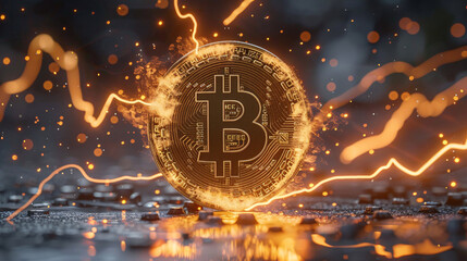 Digital Illustration Showcasing the Bitcoin Logo and Lightning Bolts, Illuminated by a Modern and Futuristic Design Aesthetic.