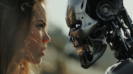 girl Confronts AI Robot in Sci-Fi Setting"