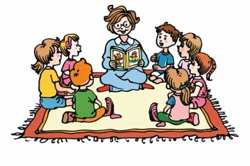 Naklejka premium Cartoon cute doodles of a kindergarten teacher reading a storybook to a group of children sitting on a cozy rug, Generative AI