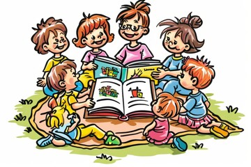 Cartoon cute doodles of a kindergarten teacher reading a storybook to a group of children sitting on a cozy rug, Generative AI