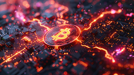 Digital Illustration Featuring the Bitcoin Logo and Dynamic Lightning Bolts, Embodied with a Modern Design Aesthetic.
