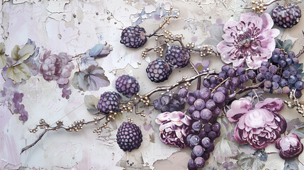 Purple berries arranged on a vintage shabby chic background with soft, distressed textures. Muted tones and gentle light create a romantic, timeless atmosphere. Ideal for themes of shabby chic decor, 