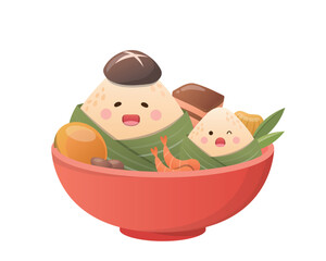 Naklejka premium Chinese Dragon Boat Festival, cute and playful zongzi cartoon character, steamed glutinous rice, vector illustration