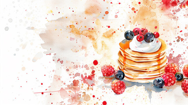 Watercolor painting of pancakes with berries. Illustration of breakfast.