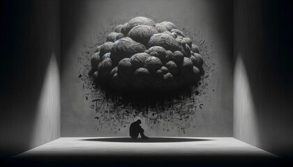 Pensive Silhouette Under a Brainstorm Cloud in a Minimalist Room