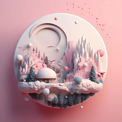 Round 3d panel with futuristic landscape - house with round roof, floating bubbles, fir trees, mountains, bushes.