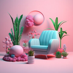 3d Model of part of psychologist's office in pink color with dominant soft turquoise soft chair surrounded by house plants in pots of different heights.