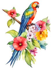 Beautiful vector image with nice watercolor parrot on the branch, Isolated white background
