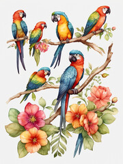 Set of parrots on a branch with flowers. Watercolor illustration, Isolated white background