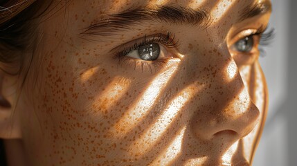 Close-up of a young woman's face highlighting her eyes and freckles in sunlight.