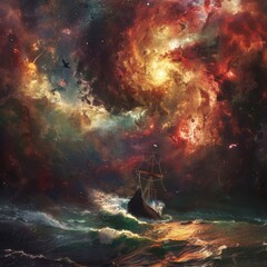 A Viking ship navigating through a storm of dark matter, epic - obrazy, fototapety, plakaty