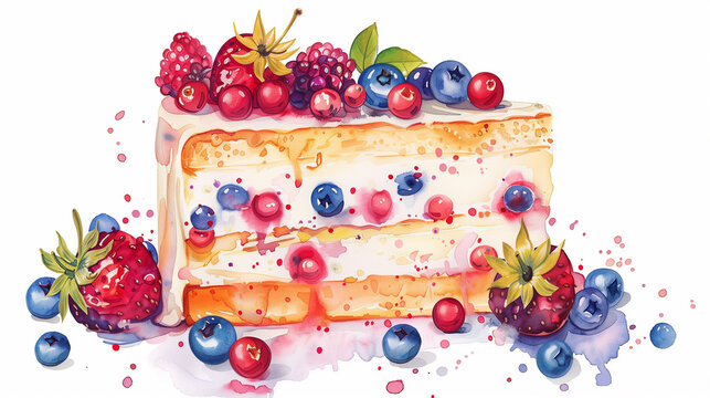 Watercolor illustration of a slice of cake. Berries and cream on a sweet dessert.