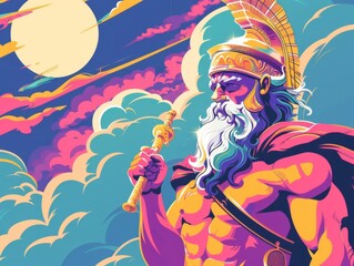 Ancient Greek gods using modern technology, whimsical and bright