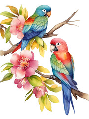 Watercolor parrots and sakura flowers isolated on white background. Isolated white background