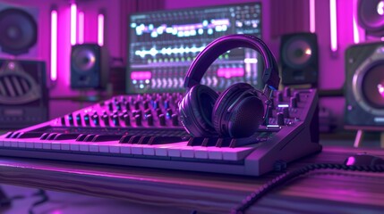 Fototapeta na wymiar Music production studio with mixing equipment and headphones