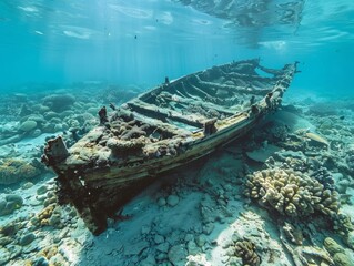 Underwater archaeology discovery, vibrant coral reefs surrounding