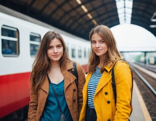 Portrait of two happy young female friends travelers waiting for train at railroad station