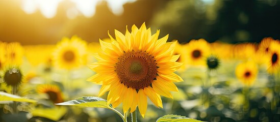 Obraz premium A large sunflower stands tall amidst a vast field of sunflowers, its golden petals illuminated by the sun. The bright blooms create a sea of yellow, stretching to the horizon.
