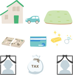 相続に関係した家、車、土地、現金、銀行通帳、貴金属の財産と遺影のベクターイラスト