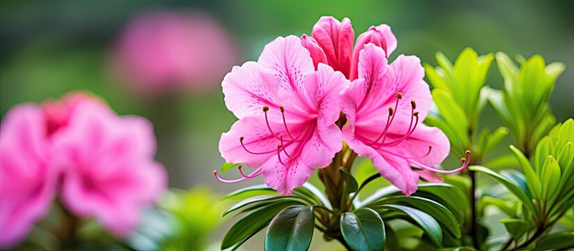 A detailed view of a vibrant pink azalea flower in full bloom, showcasing its delicate petals against a backdrop of lush green leaves. The image captures the intricate beauty of nature up close.