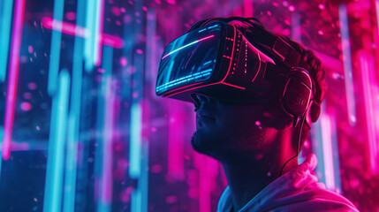VR headset. Man wearing virtual reality goggles. Video game in futuristic world.