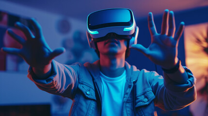 VR headset. Man wearing virtual reality goggles. Video game in futuristic world.