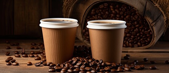 Two paper cups filled with hot coffee are placed on a mound of roasted coffee beans on a wooden table, ready for takeout.
