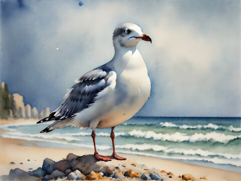 Seagull gracefully soars through the blue sky above the coastal waters, showcasing its white feathers and elegant wings