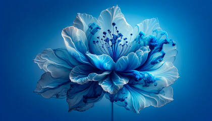 Abstract single blue flower blooming by transparent liquid fluid ink petal on blue background. 3D render style in studio light. - obrazy, fototapety, plakaty
